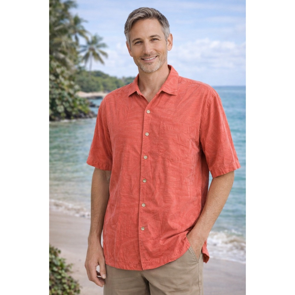 Tommy Bahama Mens M 100%‎ Silk Camp Shirt Coral Salmon Palm Jacquard Hawaiian